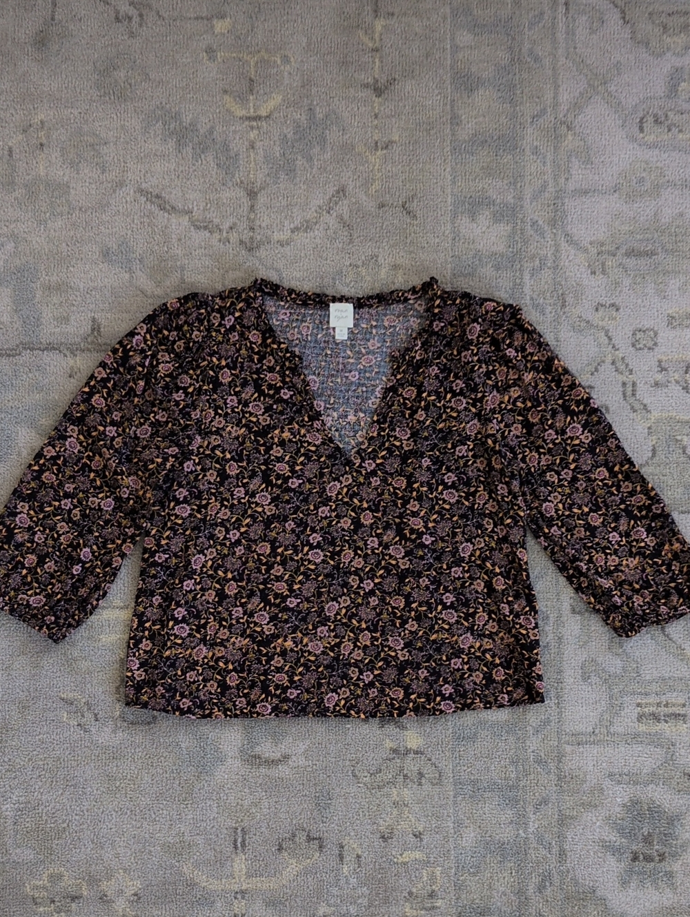 Women's Floral V-Neck Blouse - Black and Pink